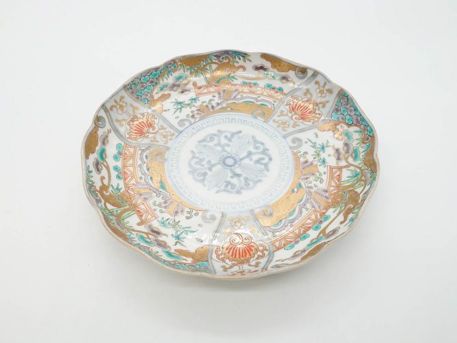 幕末期　伊万里　色絵　染付　約22cm　7寸　煌びやかな金彩が魅力的な中皿3枚セット(獅子、松竹、和食器、七寸)(R-070634)