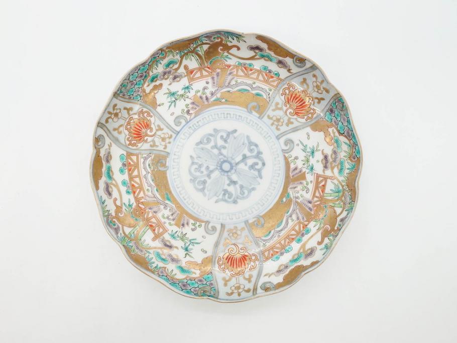 幕末期　伊万里　色絵　染付　約22cm　7寸　煌びやかな金彩が魅力的な中皿3枚セット(獅子、松竹、和食器、七寸)(R-070634)