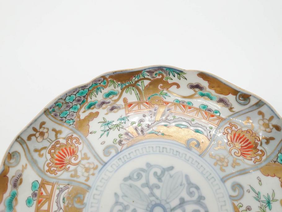 幕末期　伊万里　色絵　染付　約22cm　7寸　煌びやかな金彩が魅力的な中皿3枚セット(獅子、松竹、和食器、七寸)(R-070634)