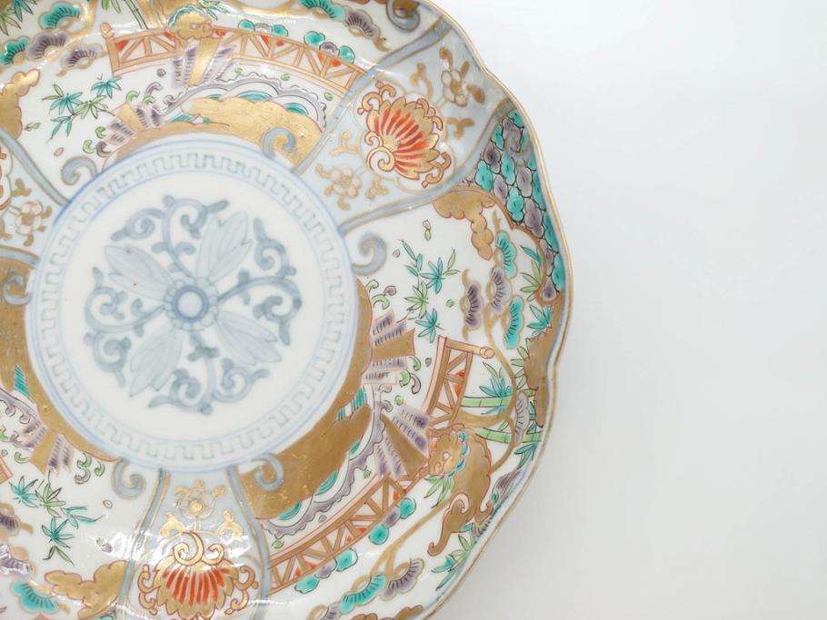 幕末期　伊万里　色絵　染付　約22cm　7寸　煌びやかな金彩が魅力的な中皿3枚セット(獅子、松竹、和食器、七寸)(R-070634)