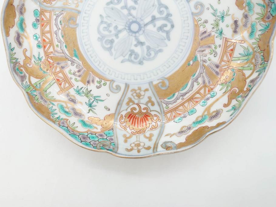 幕末期　伊万里　色絵　染付　約22cm　7寸　煌びやかな金彩が魅力的な中皿3枚セット(獅子、松竹、和食器、七寸)(R-070634)