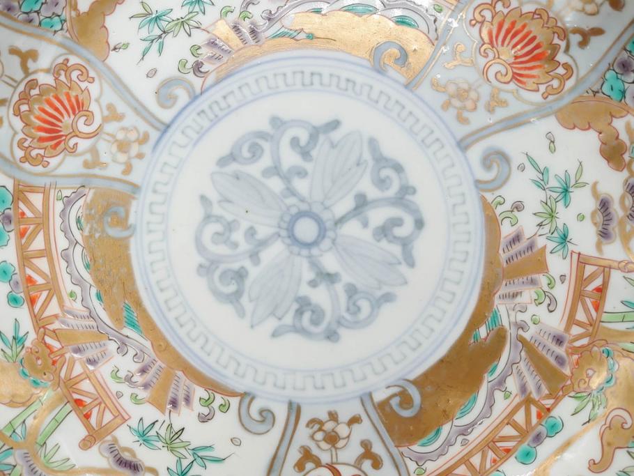 幕末期　伊万里　色絵　染付　約22cm　7寸　煌びやかな金彩が魅力的な中皿3枚セット(獅子、松竹、和食器、七寸)(R-070634)