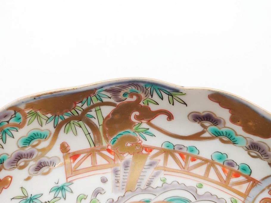 幕末期　伊万里　色絵　染付　約22cm　7寸　煌びやかな金彩が魅力的な中皿3枚セット(獅子、松竹、和食器、七寸)(R-070634)
