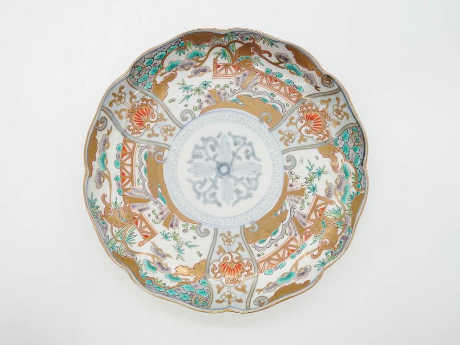 幕末期　伊万里　色絵　染付　約22cm　7寸　煌びやかな金彩が魅力的な中皿3枚セット(獅子、松竹、和食器、七寸)(R-070634)