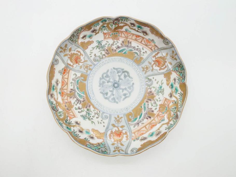 幕末期　伊万里　色絵　染付　約22cm　7寸　煌びやかな金彩が魅力的な中皿3枚セット(獅子、松竹、和食器、七寸)(R-070634)