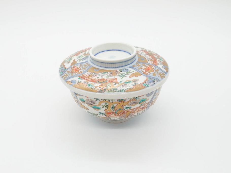 幕末〜明治期　伊万里　金彩　約14cm　4.4寸　華やかな色絵が食卓に彩を与える蓋付き茶碗3客セット(獅子、松竹、和食器、四寸四分)(R-070635)