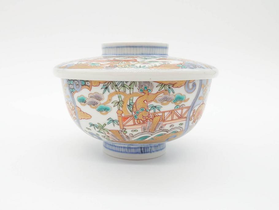 幕末〜明治期　伊万里　金彩　約14cm　4.4寸　華やかな色絵が食卓に彩を与える蓋付き茶碗3客セット(獅子、松竹、和食器、四寸四分)(R-070635)