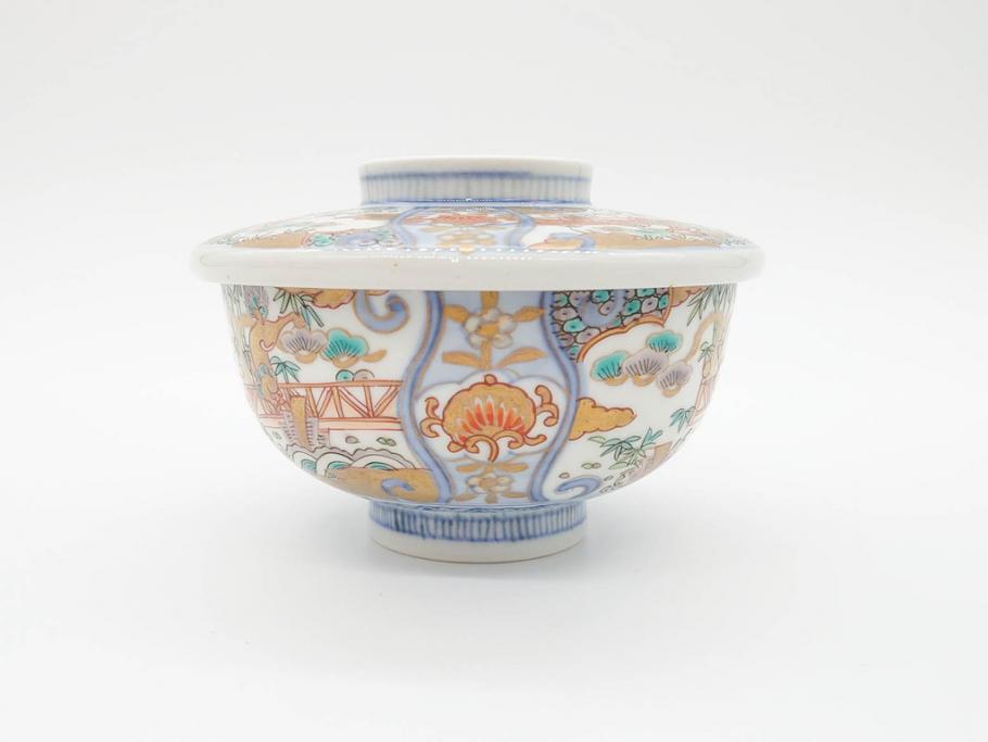 幕末〜明治期　伊万里　金彩　約14cm　4.4寸　華やかな色絵が食卓に彩を与える蓋付き茶碗3客セット(獅子、松竹、和食器、四寸四分)(R-070635)