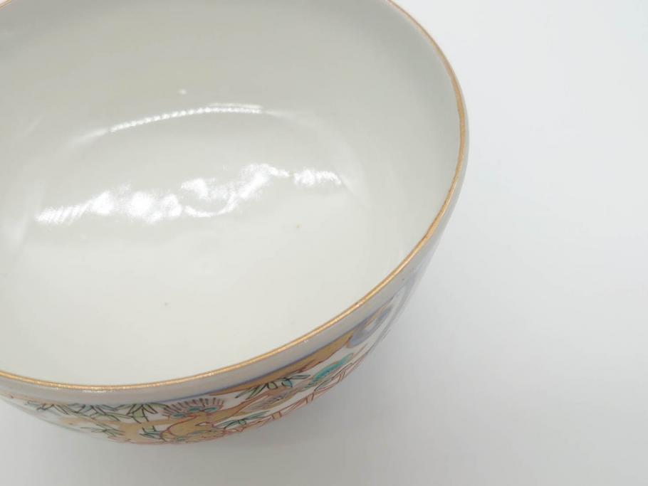 幕末〜明治期　伊万里　金彩　約14cm　4.4寸　華やかな色絵が食卓に彩を与える蓋付き茶碗3客セット(獅子、松竹、和食器、四寸四分)(R-070635)