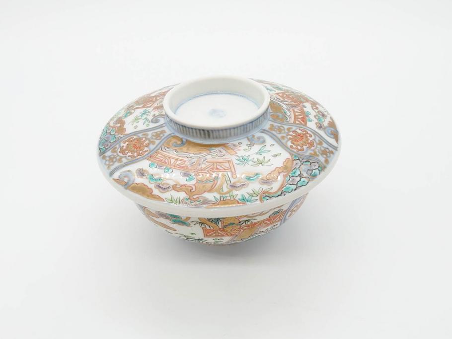 幕末〜明治期　伊万里　金彩　約14cm　4.4寸　華やかな色絵が食卓に彩を与える蓋付き茶碗3客セット(獅子、松竹、和食器、四寸四分)(R-070635)