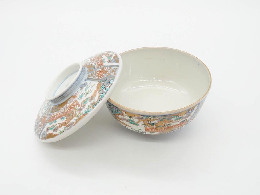 幕末〜明治期　伊万里　金彩　約14cm　4.4寸　華やかな色絵が食卓に彩を与える蓋付き茶碗3客セット(獅子、松竹、和食器、四寸四分)(R-070635)