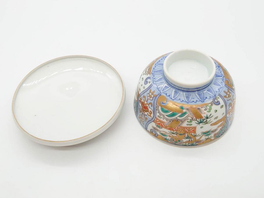 幕末〜明治期　伊万里　金彩　約14cm　4.4寸　華やかな色絵が食卓に彩を与える蓋付き茶碗3客セット(獅子、松竹、和食器、四寸四分)(R-070635)