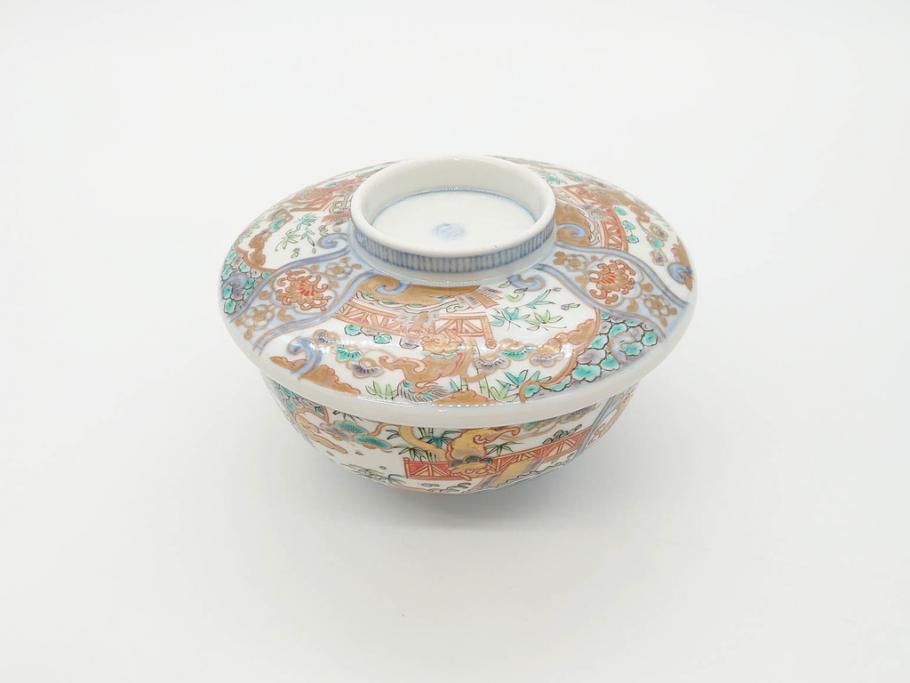 幕末〜明治期　伊万里　金彩　約14cm　4.4寸　華やかな色絵が食卓に彩を与える蓋付き茶碗3客セット(獅子、松竹、和食器、四寸四分)(R-070635)