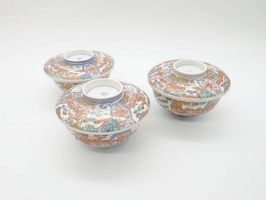 幕末〜明治期　伊万里　金彩　約14cm　4.4寸　華やかな色絵が食卓に彩を与える蓋付き茶碗3客セット(獅子、松竹、和食器、四寸四分)(R-070636)