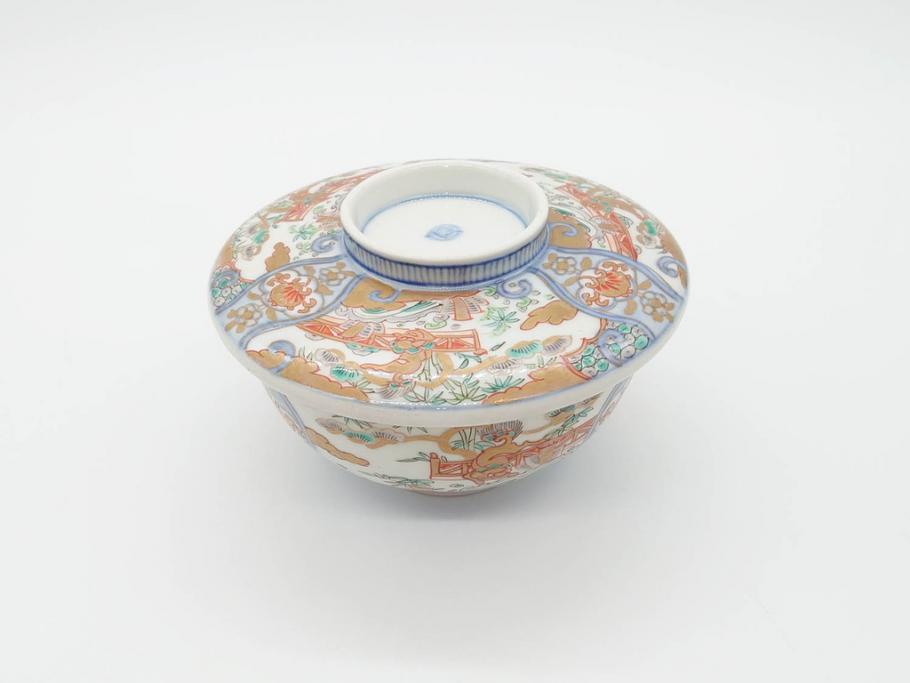 幕末〜明治期　伊万里　金彩　約14cm　4.4寸　華やかな色絵が食卓に彩を与える蓋付き茶碗3客セット(獅子、松竹、和食器、四寸四分)(R-070636)