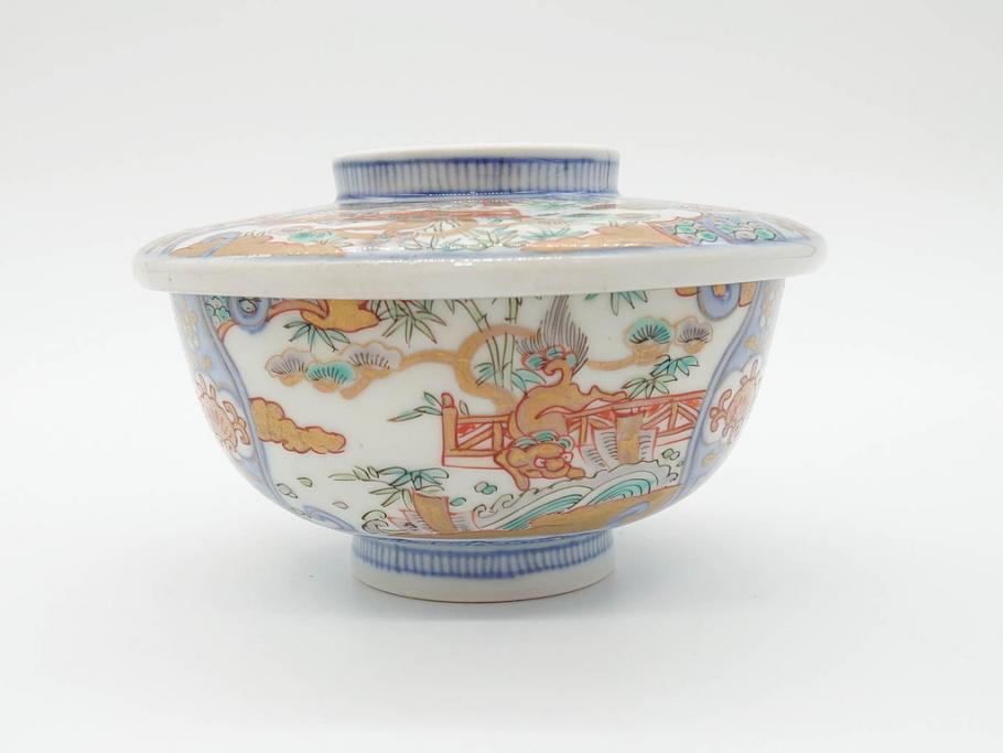 幕末〜明治期　伊万里　金彩　約14cm　4.4寸　華やかな色絵が食卓に彩を与える蓋付き茶碗3客セット(獅子、松竹、和食器、四寸四分)(R-070636)