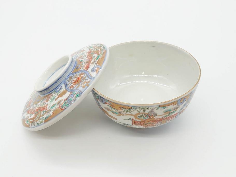 幕末〜明治期　伊万里　金彩　約14cm　4.4寸　華やかな色絵が食卓に彩を与える蓋付き茶碗3客セット(獅子、松竹、和食器、四寸四分)(R-070636)