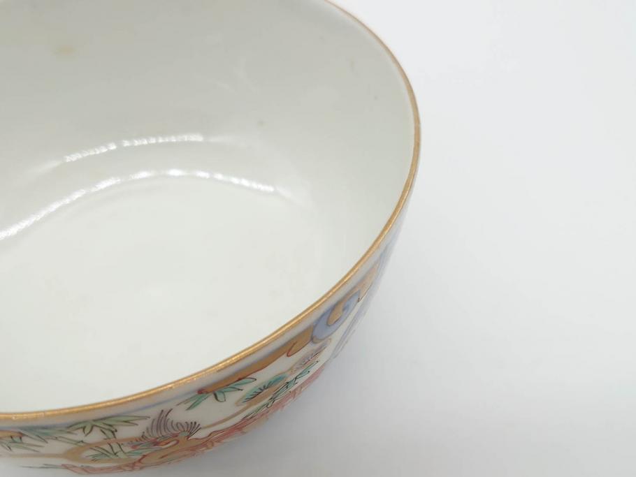 幕末〜明治期　伊万里　金彩　約14cm　4.4寸　華やかな色絵が食卓に彩を与える蓋付き茶碗3客セット(獅子、松竹、和食器、四寸四分)(R-070636)