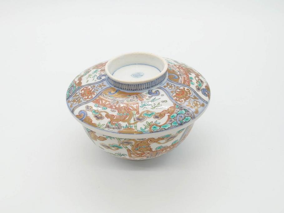 幕末〜明治期　伊万里　金彩　約14cm　4.4寸　華やかな色絵が食卓に彩を与える蓋付き茶碗3客セット(獅子、松竹、和食器、四寸四分)(R-070636)