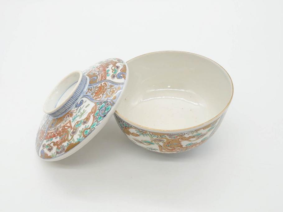 幕末〜明治期　伊万里　金彩　約14cm　4.4寸　華やかな色絵が食卓に彩を与える蓋付き茶碗3客セット(獅子、松竹、和食器、四寸四分)(R-070636)