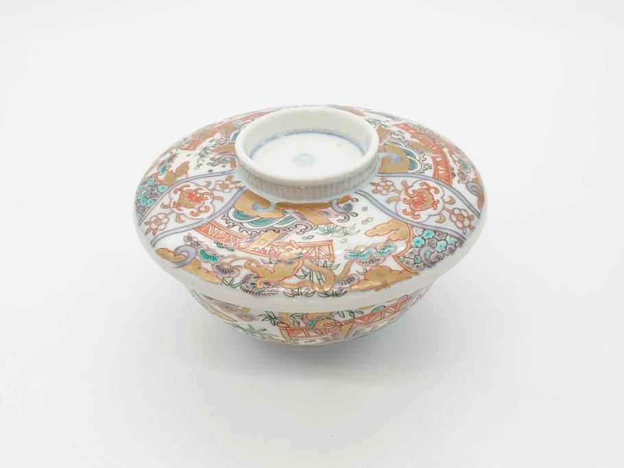 幕末〜明治期　伊万里　金彩　約14cm　4.4寸　華やかな色絵が食卓に彩を与える蓋付き茶碗3客セット(獅子、松竹、和食器、四寸四分)(R-070636)