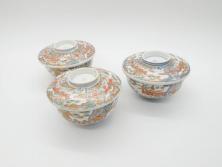 幕末〜明治期　富長貴春(富貴長春)　伊万里　色絵　金彩　5寸皿　約15cm　煌びやかで豪華な絵付けの深皿3客セット(和食器、和皿、変形皿、五寸)(R-062288)