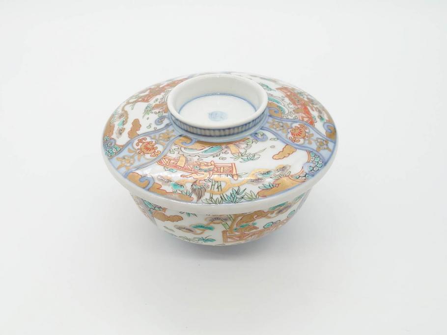 幕末〜明治期　伊万里　金彩　約14cm　4.4寸　華やかな色絵が食卓に彩を与える蓋付き茶碗3客セット(獅子、松竹、和食器、四寸四分)(R-070637)