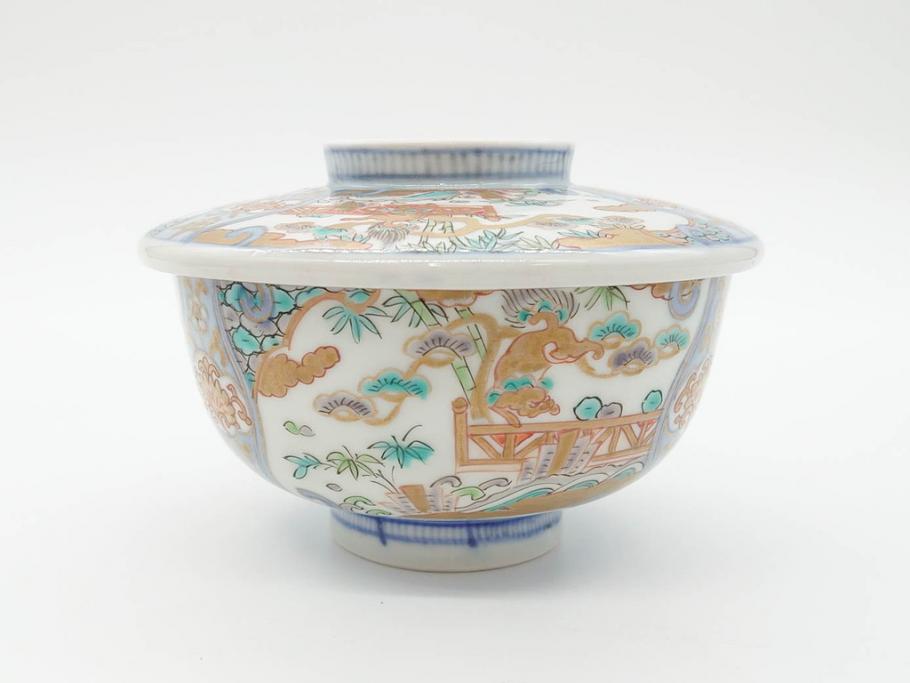 幕末〜明治期　伊万里　金彩　約14cm　4.4寸　華やかな色絵が食卓に彩を与える蓋付き茶碗3客セット(獅子、松竹、和食器、四寸四分)(R-070637)