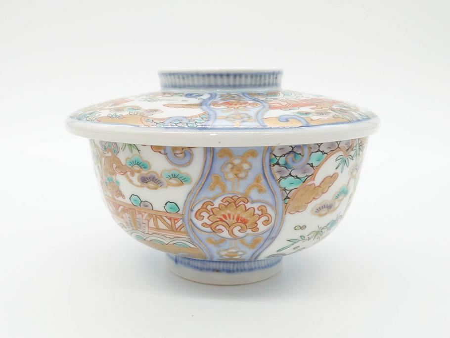 幕末〜明治期　伊万里　金彩　約14cm　4.4寸　華やかな色絵が食卓に彩を与える蓋付き茶碗3客セット(獅子、松竹、和食器、四寸四分)(R-070637)