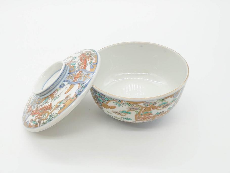 幕末〜明治期　伊万里　金彩　約14cm　4.4寸　華やかな色絵が食卓に彩を与える蓋付き茶碗3客セット(獅子、松竹、和食器、四寸四分)(R-070637)