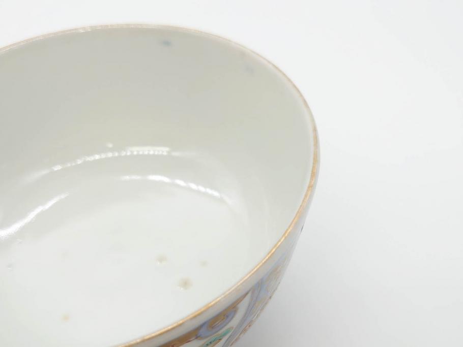 幕末〜明治期　伊万里　金彩　約14cm　4.4寸　華やかな色絵が食卓に彩を与える蓋付き茶碗3客セット(獅子、松竹、和食器、四寸四分)(R-070637)