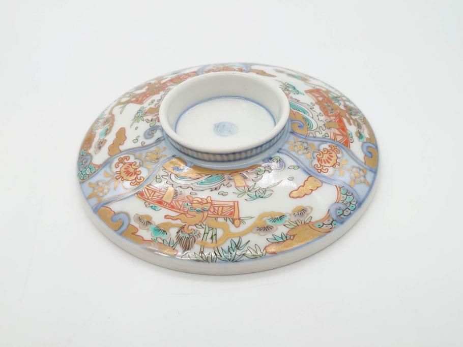 幕末〜明治期　伊万里　金彩　約14cm　4.4寸　華やかな色絵が食卓に彩を与える蓋付き茶碗3客セット(獅子、松竹、和食器、四寸四分)(R-070637)