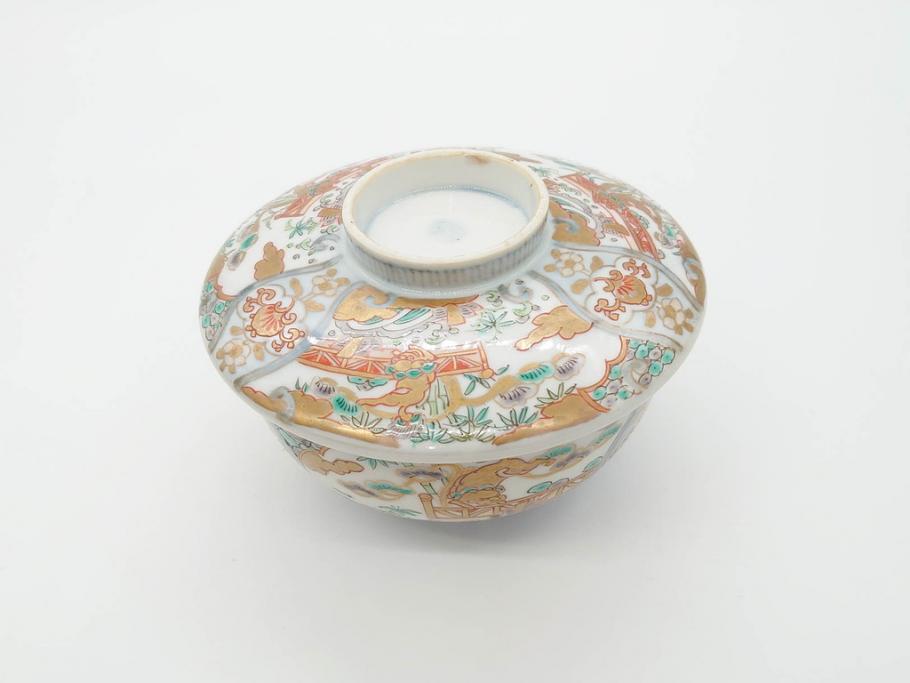 幕末〜明治期　伊万里　金彩　約14cm　4.4寸　華やかな色絵が食卓に彩を与える蓋付き茶碗3客セット(獅子、松竹、和食器、四寸四分)(R-070637)