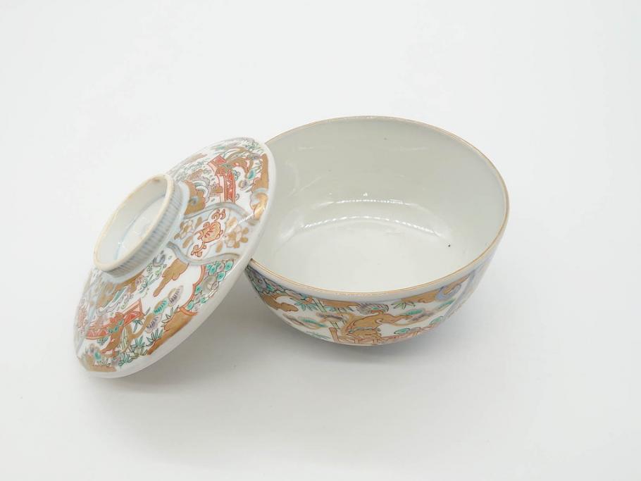 幕末〜明治期　伊万里　金彩　約14cm　4.4寸　華やかな色絵が食卓に彩を与える蓋付き茶碗3客セット(獅子、松竹、和食器、四寸四分)(R-070637)