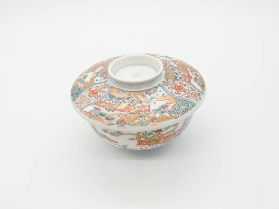 幕末〜明治期　伊万里　金彩　約14cm　4.4寸　華やかな色絵が食卓に彩を与える蓋付き茶碗3客セット(獅子、松竹、和食器、四寸四分)(R-070637)