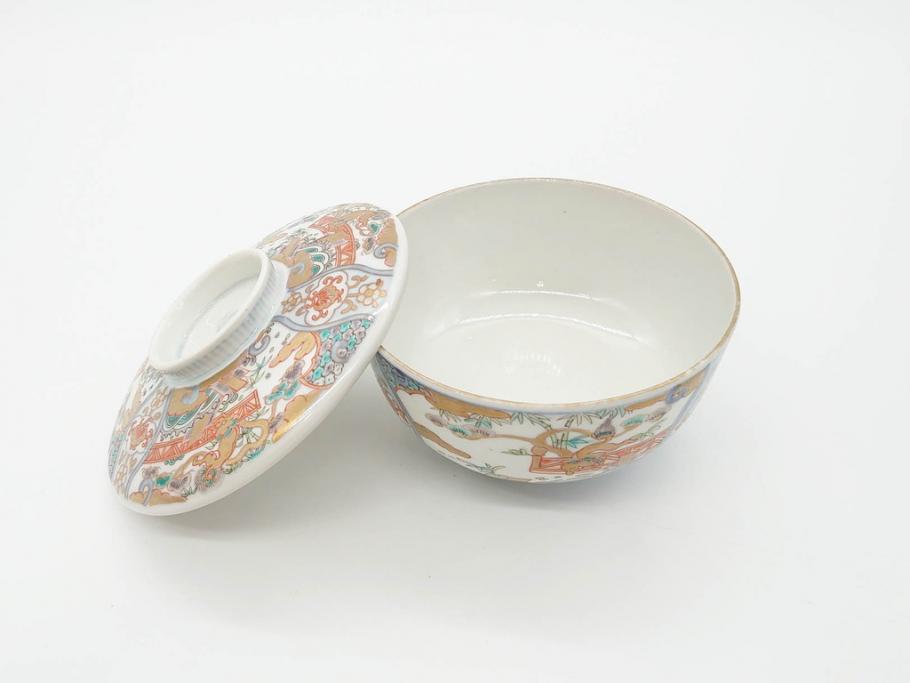 幕末〜明治期　伊万里　金彩　約14cm　4.4寸　華やかな色絵が食卓に彩を与える蓋付き茶碗3客セット(獅子、松竹、和食器、四寸四分)(R-070637)