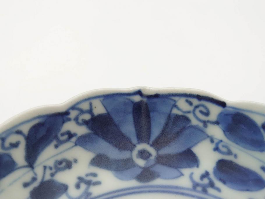 江戸期　古伊万里　染付　約16cm　5.1寸　縁起のいい絵柄が魅力的な中皿5枚セット(寿字、和食器、和皿、五寸一分)(R-070638)