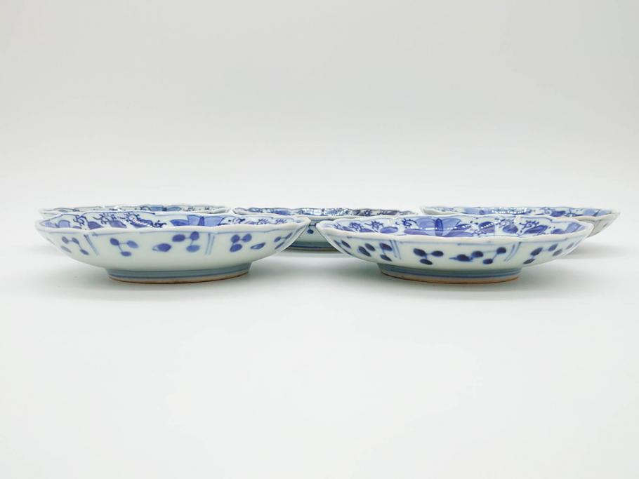江戸期　古伊万里　染付　約16cm　5.1寸　縁起のいい絵柄が魅力的な中皿5枚セット(寿字、和食器、和皿、五寸一分)(R-070639)