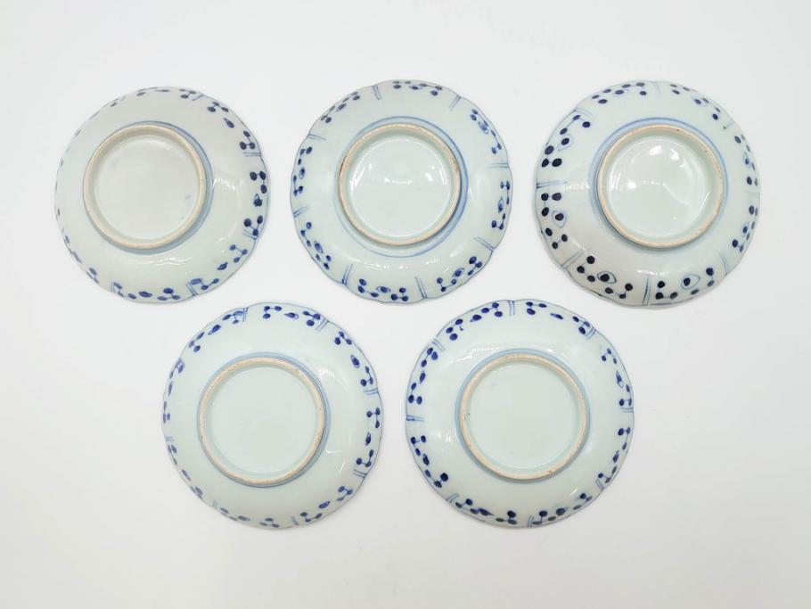江戸期　古伊万里　染付　約16cm　5.1寸　縁起のいい絵柄が魅力的な中皿5枚セット(寿字、和食器、和皿、五寸一分)(R-070639)