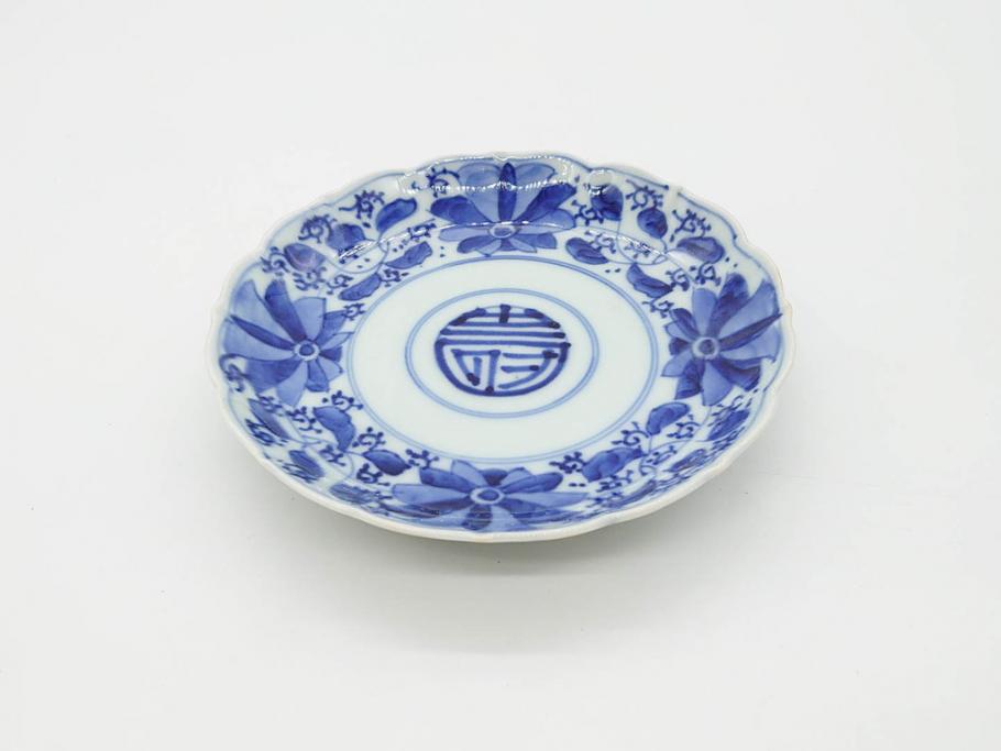 江戸期　古伊万里　染付　約16cm　5.1寸　縁起のいい絵柄が魅力的な中皿5枚セット(寿字、和食器、和皿、五寸一分)(R-070639)