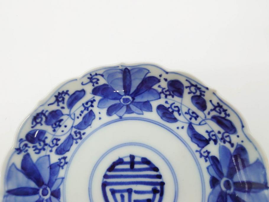 江戸期　古伊万里　染付　約16cm　5.1寸　縁起のいい絵柄が魅力的な中皿5枚セット(寿字、和食器、和皿、五寸一分)(R-070639)