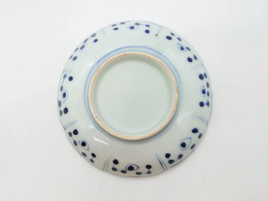 江戸期　古伊万里　染付　約16cm　5.1寸　縁起のいい絵柄が魅力的な中皿5枚セット(寿字、和食器、和皿、五寸一分)(R-070639)
