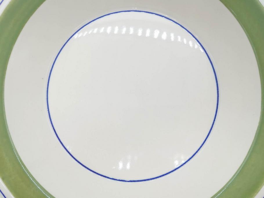 ARABIA FINLAND　Krokus(クロッカス)　シンプルなデザインで取り入れやすいスーププレート2枚&持ち手付きボウルセット(スープ皿、グラタン皿、グリーン・ブルーライン、アラビア、フィンランド、北欧食器)(R-070641)