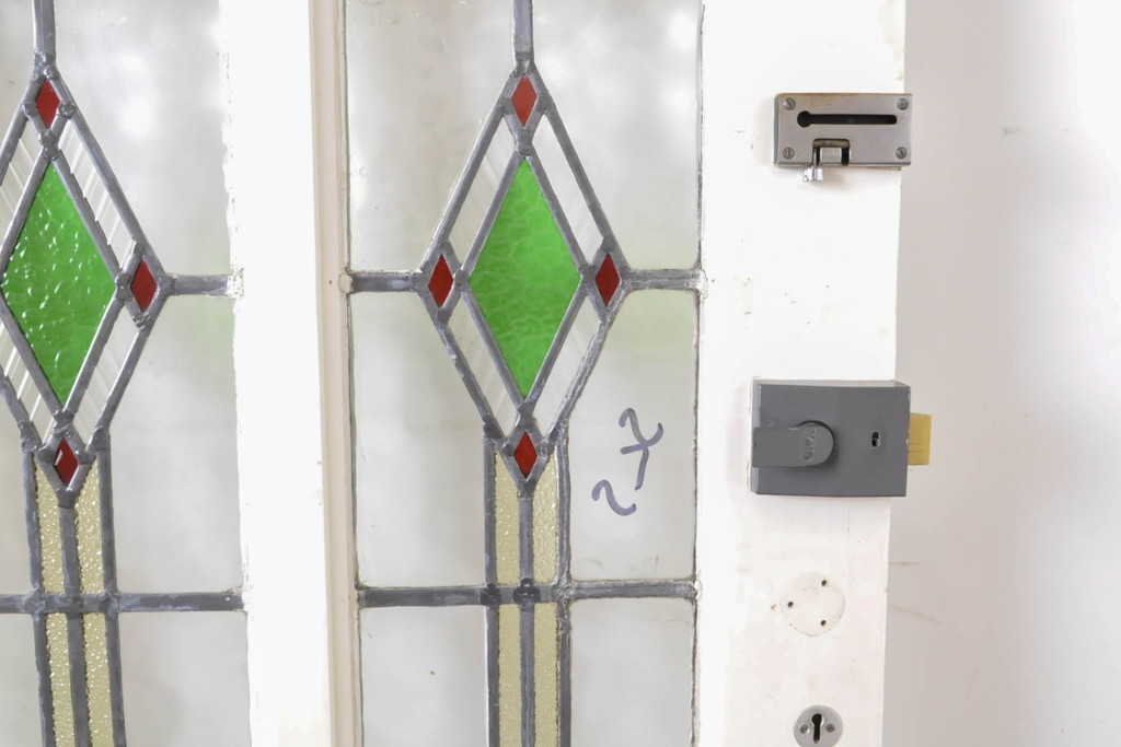アンティーク建具　イギリスアンティーク　ステンドグラスがおしゃれな木製ドア1枚(木製扉、ガラス扉、玄関ドア)(R-063756)