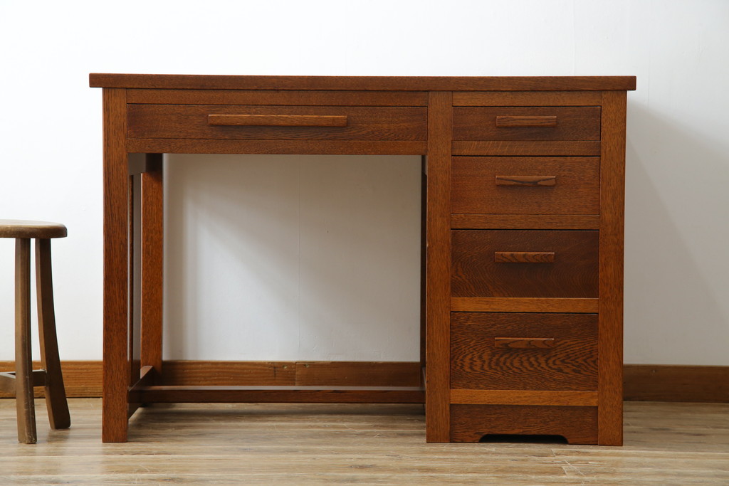 中古　超美品　Oak Village(オークヴィレッジ、オークビレッジ)　杢目の美しさが際立つ片袖机(片袖デスク、ワークデスク、在宅用、在宅ワーク用) (R-082648)