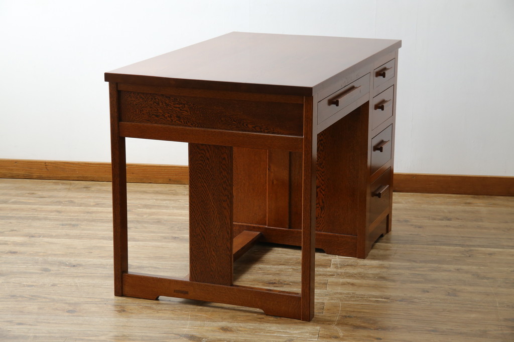 中古　超美品　Oak Village(オークヴィレッジ、オークビレッジ)　杢目の美しさが際立つ片袖机(片袖デスク、ワークデスク、在宅用、在宅ワーク用) (R-082648)