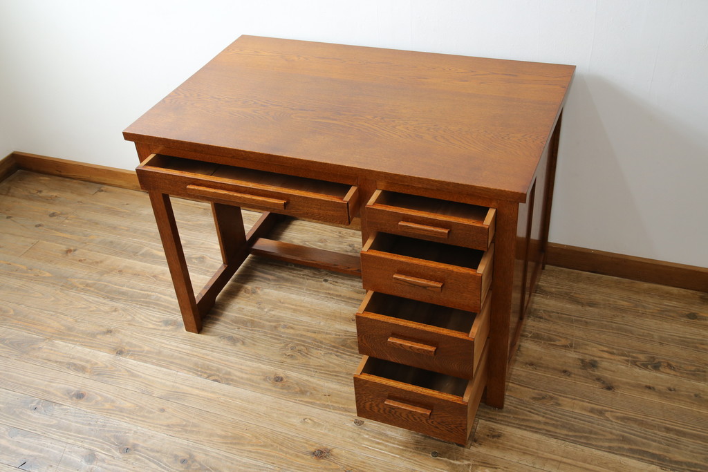 中古　超美品　Oak Village(オークヴィレッジ、オークビレッジ)　杢目の美しさが際立つ片袖机(片袖デスク、ワークデスク、在宅用、在宅ワーク用) (R-082648)