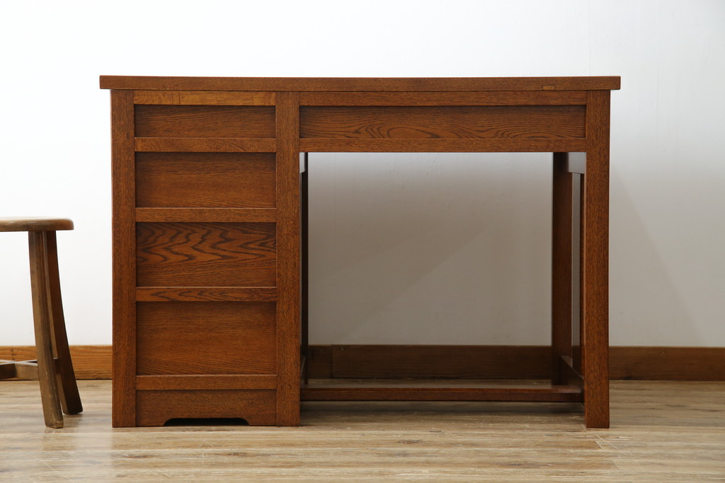中古　超美品　Oak Village(オークヴィレッジ、オークビレッジ)　杢目の美しさが際立つ片袖机(片袖デスク、ワークデスク、在宅用、在宅ワーク用) (R-082648)