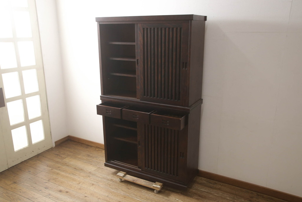 中古　民芸家具　和光　NEW北樹　水屋115K　上質な和の空間づくりにおすすめの水屋箪笥とキャビネットのセット(食器棚、戸棚、収納棚、キャビネット)(R-069083)