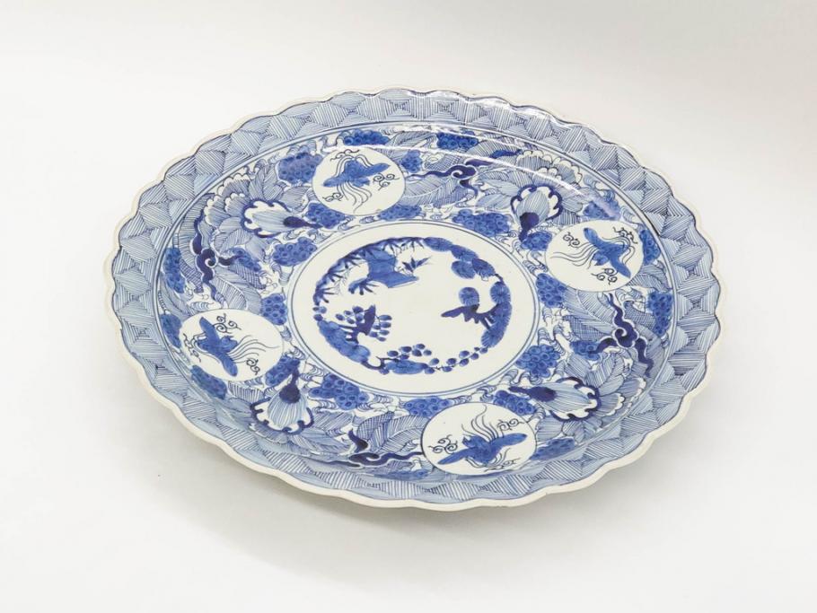 江戸期　古伊万里　線描　松竹梅　花鳥図　約45cm　1尺5寸　繊細に絵付けされた大皿(鳳凰、和皿、和食器、一尺5寸)(R‐077410)